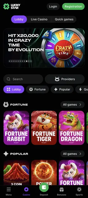 Lucky Star visto en un smartphone: página de inicio con la sección Fortune de PG Soft